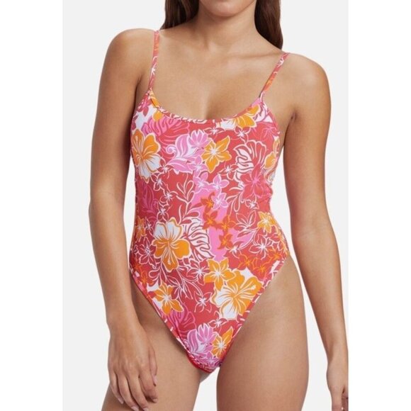 Roxy Juniors Sz S Swimsuit Sea Spray Hibiscus Printed One Piece Pink Red NWT New - Picture 1 of 6
